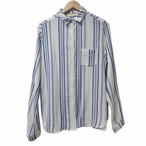 Stark X Womens Cotton Gauze Button Up Shirt Size L Blue White Coastal Flowy